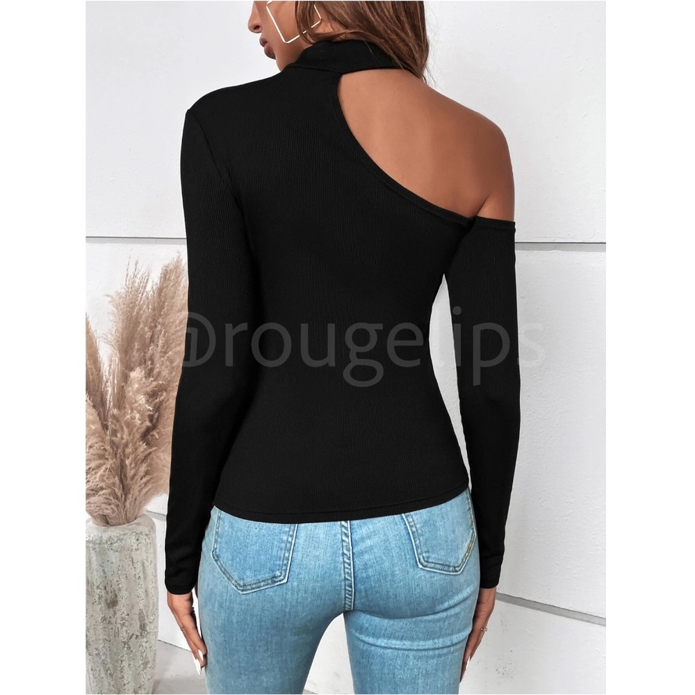 Black Off One Shoulder Asymmetrical Slim Fit Shirt Top Mock Neck - Picture 4 of 13